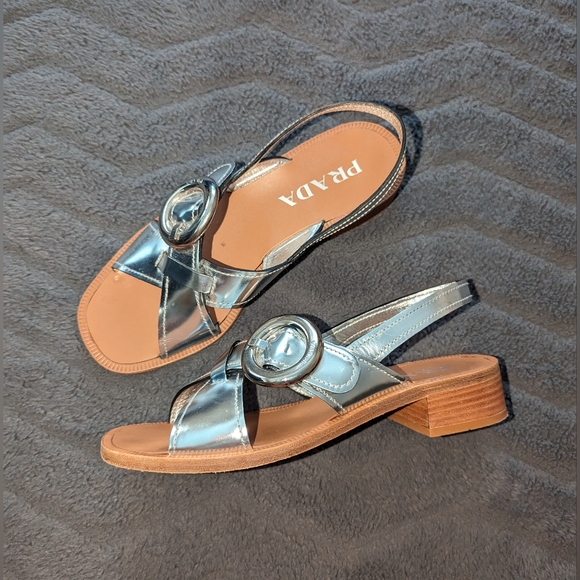 Authentic Prada Silver Leather Slingback Block-Heel Sandals Sz 37 7.5 - Picture 2 of 9